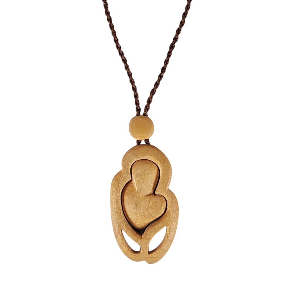 Hand Carved Apple Wood Heart Flower Pendant Necklace 25 In Braided Cord Vintage